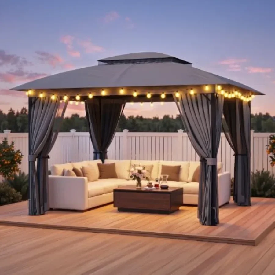 12 X 10 Outdoor Gazebo, Steel Frame Double PE Roof Canopy, Gray