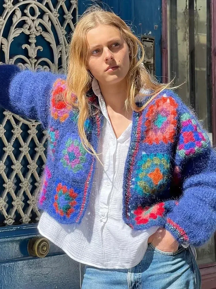 

Trendy Knitted Block Pattern Sweater Cardigan Handmade Crochet Women Bohemian Cardigan Dames Autumn Blue Bobo Coats Crop Jacket