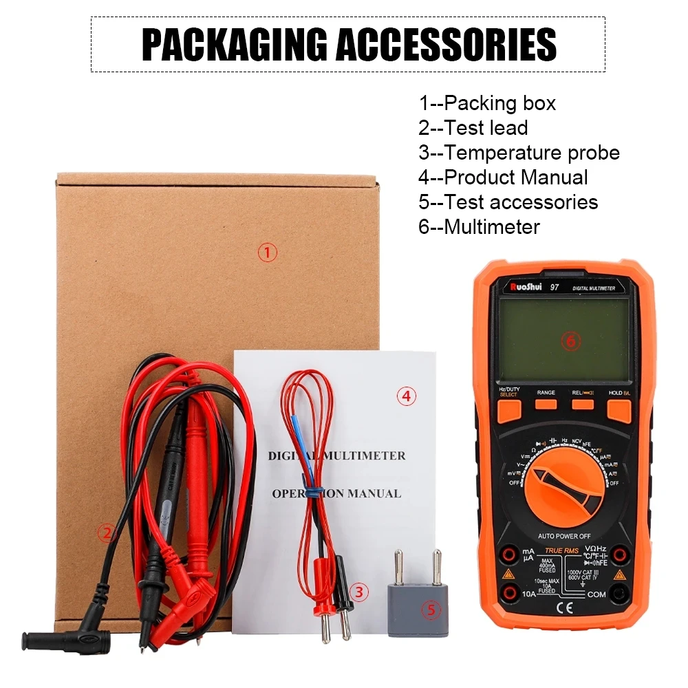 RuoShui 97 MULTIMETER Auto Range Professional Intelligent Data Hold OHM NCV Tester Ac Voltage Meter Ammeter Flashlight Tranistor