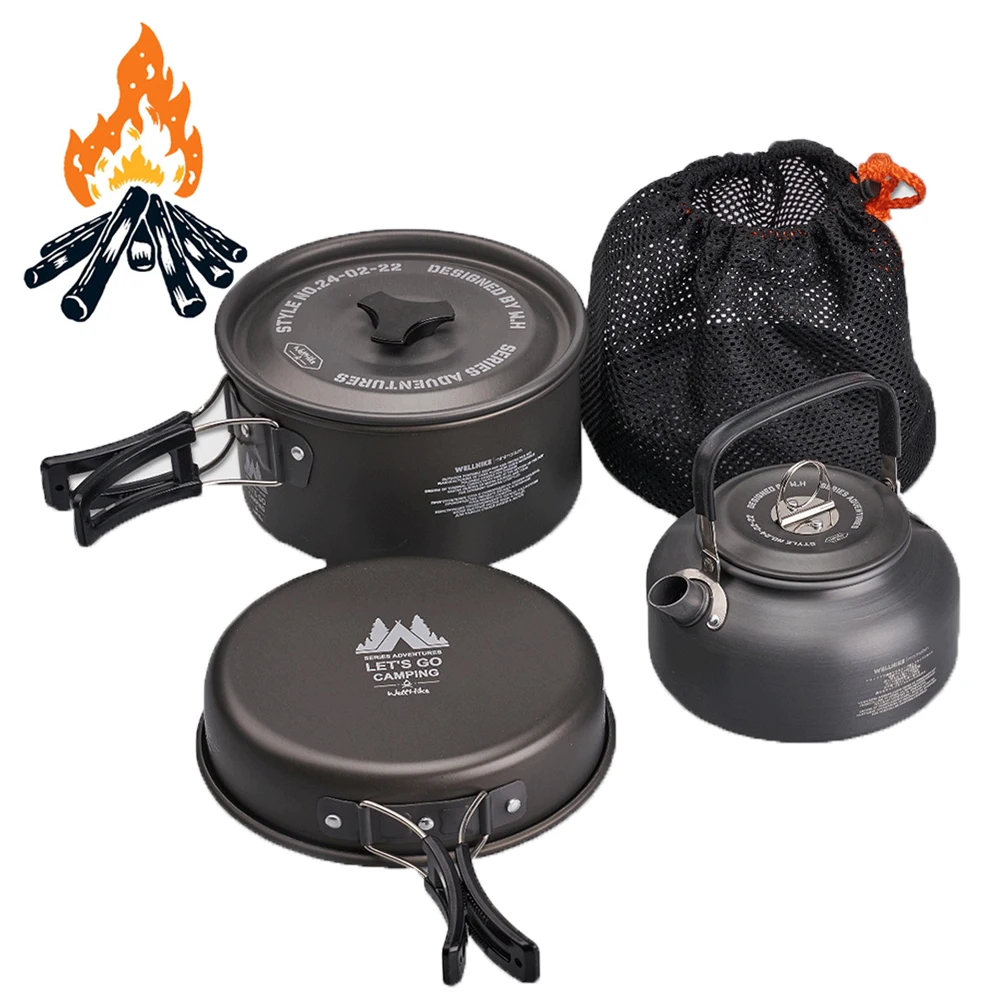 3Pcs/Set Camping Cookware Set Outdoor Pot Cooking Water Kettle Pan Set Portable Cookware Kit Tableware Hiking Picnic Equipment