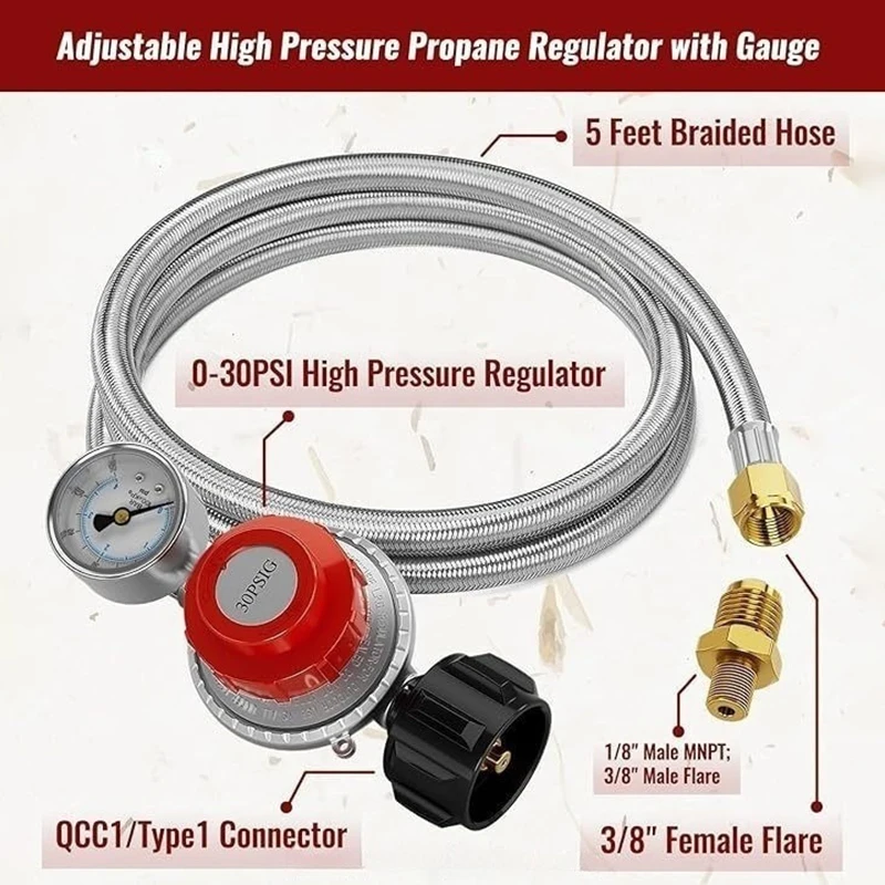 5ft 0-30 Psi High Pressure Adjustable Propane Regulator With Pressure Gauge Stainless Steel Braided Hose