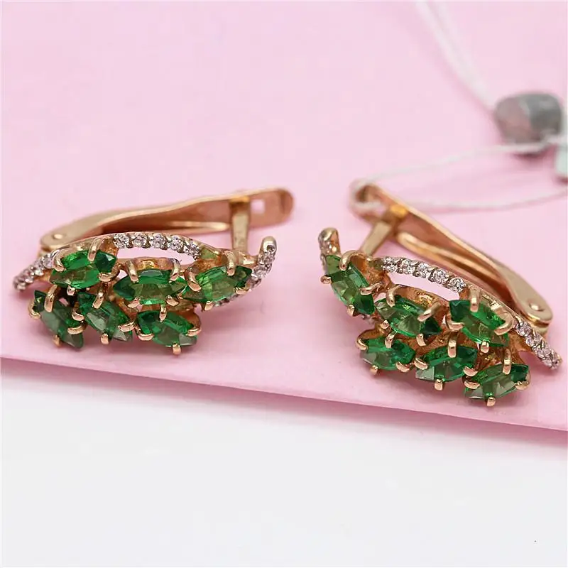 585 Purple Gold Classic Inlaid Emerald Earrings For Women 14K Rose Gold Plated Fresh Light Luxury Party Wedding Jewelry