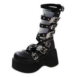 Black Mid Calf Rivet Platform Boots Hollow Wedge Fashion Sexy Novel 2025 Summer Casual Big Size Woman Shoes Zapatillas Mujer