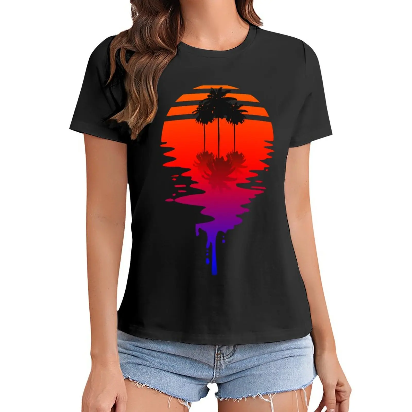 

Dripping Sun - Retrowave sun with palm trees T-Shirt summer tops vintage designer clothes Women luxury