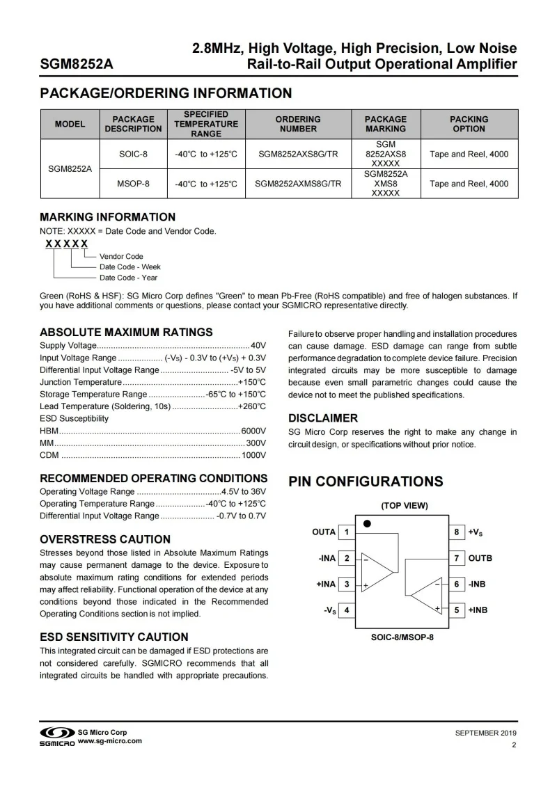 10Pcs/Lot SGM8252AXMS8G/TR MSOP-8 2.8MHz,High Voltage,High Precision,Low Noise Rail-to-Rail Output Operational Amplifier