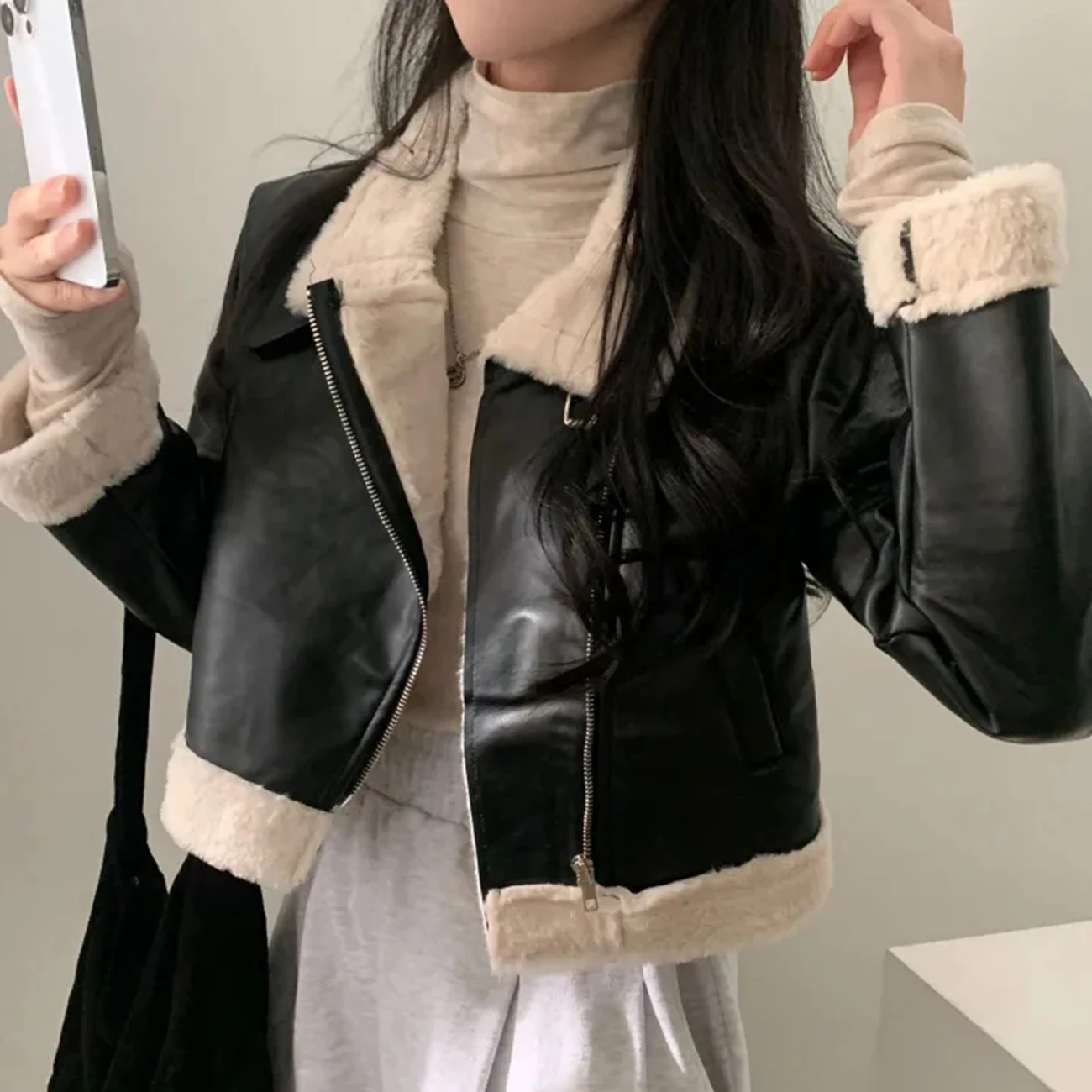 AI.Fashion Korean Faux Leather Jackets Women Lamb Wool Patchwork Coats Women Elegant Zipper Short PU Jackets Female Ladies