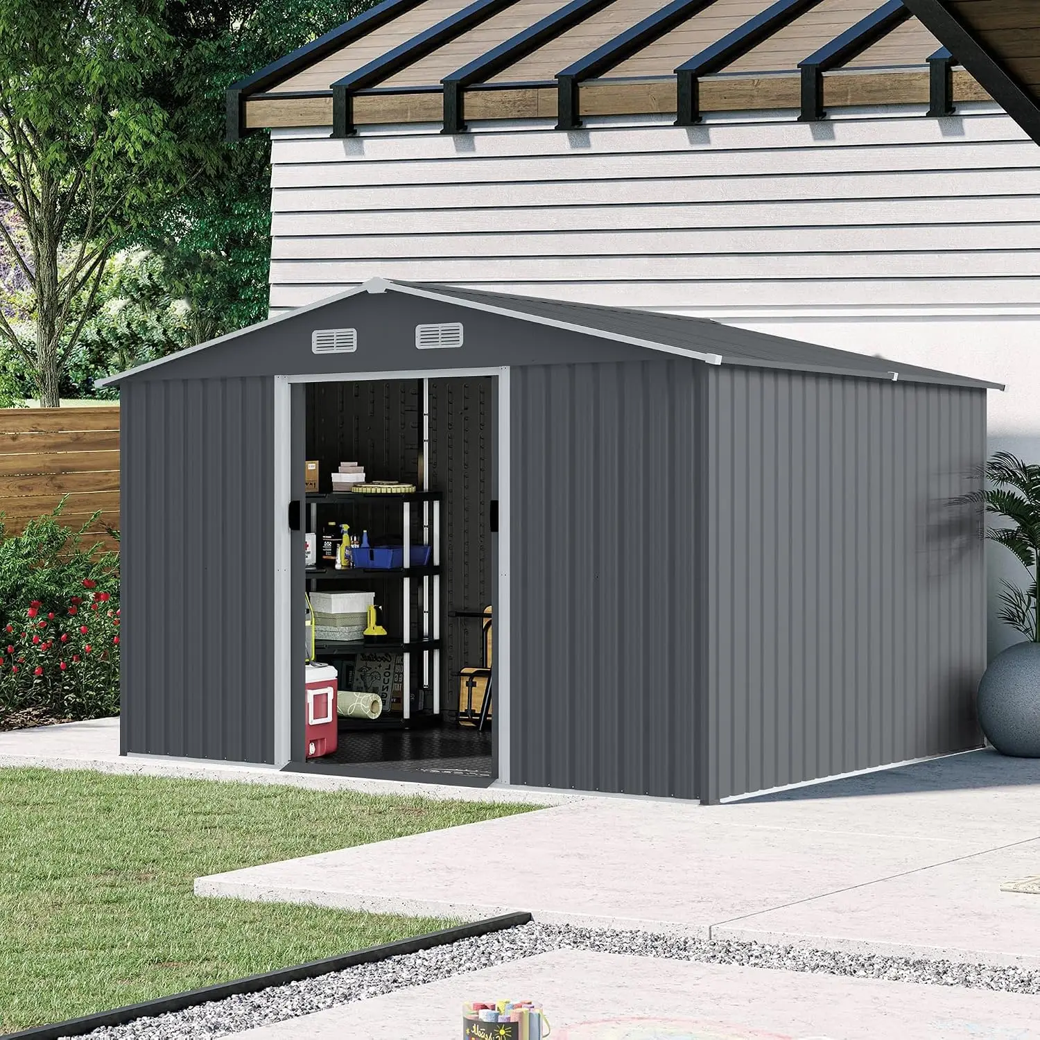Outdoor Metal Storage Shed 8x10 ft with Sliding Door Air Vent Sloped Roof for Backyard Patio Lawn, Customized