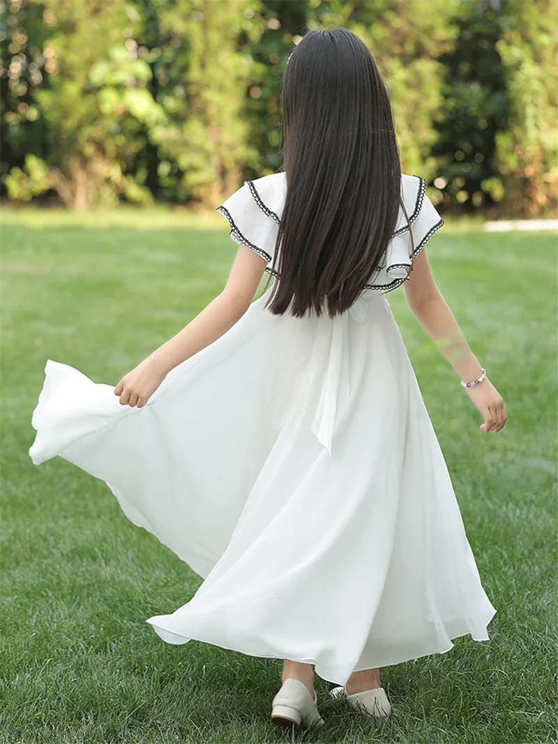 Girls Princess Long Dresses Summer Kids Fake Two-Layer Chiffon Dress Teen Beach Resort Dress Children Clothing 5-14 Years