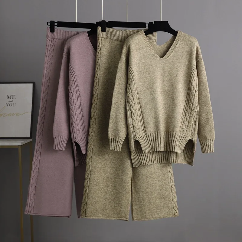 

Spring and Autumn Solid Color Set Knitted Wide Leg Pants Sweater Set Women's New Korean Version Loose suit