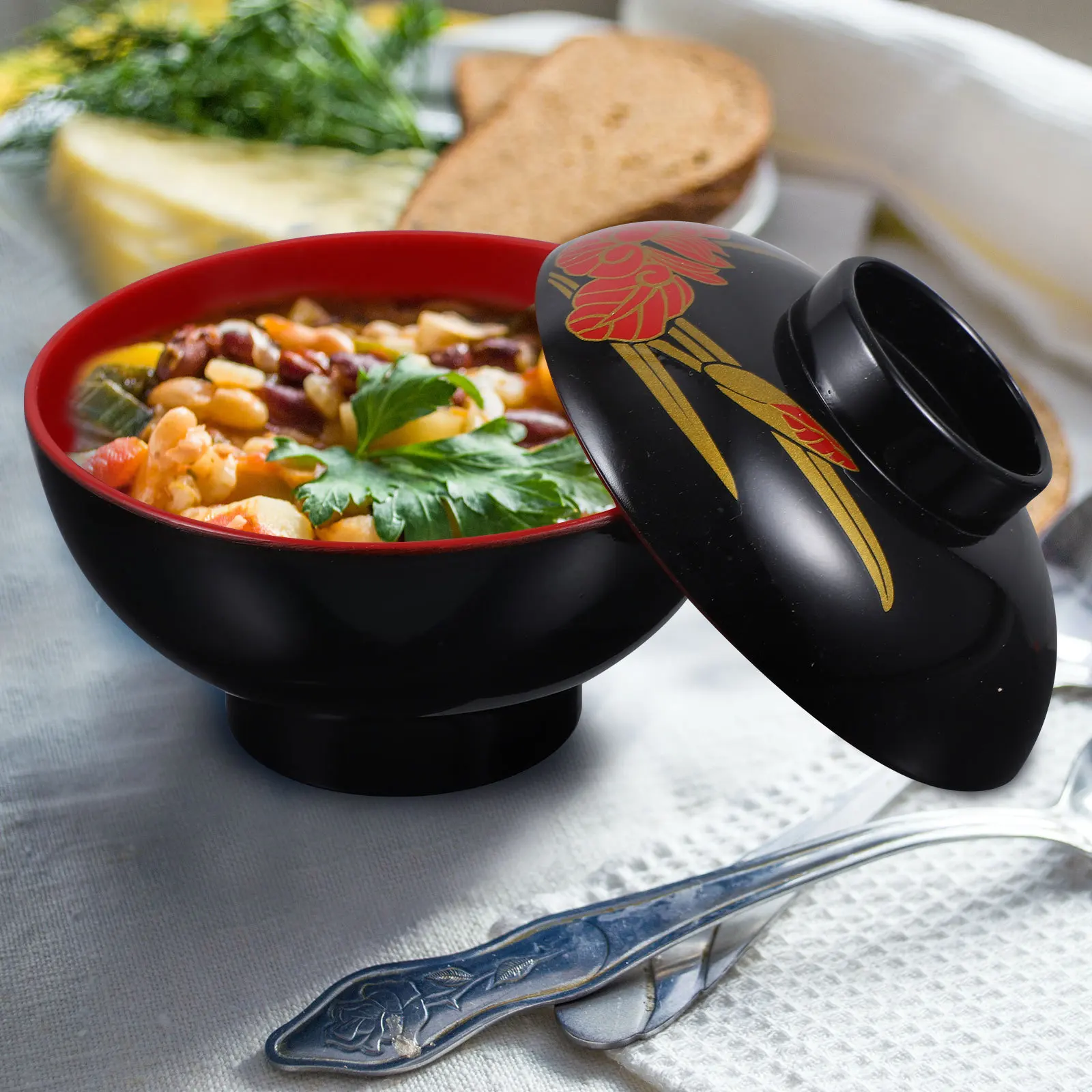 

Lidded Food Bowl Japanese Style Red Rose Decorative Multi-Function Rice Serving Container for Home Kitchen Party