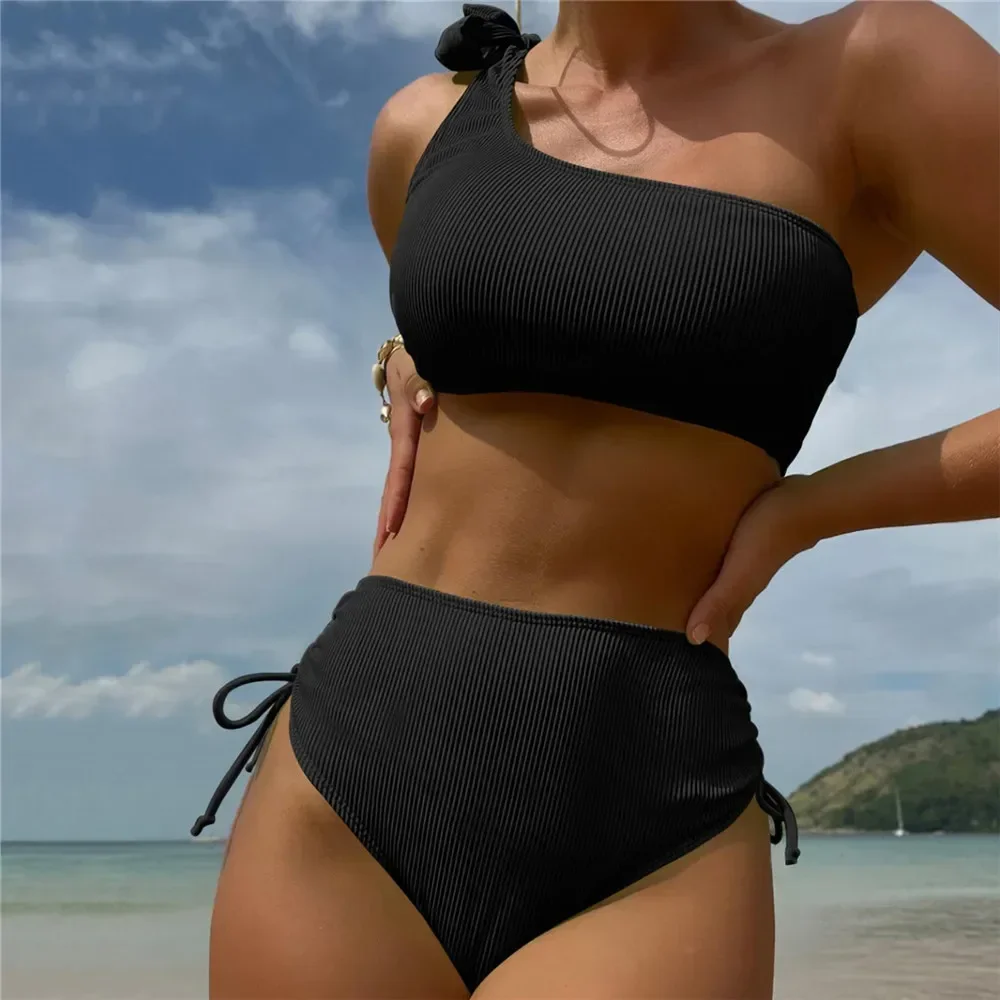 Sexy One Shoulder Swimwear High Waist Bikinis Set Women Black Drawstring Bottom Swimsuit Bathing Suit Beachwear Bikini Mujer