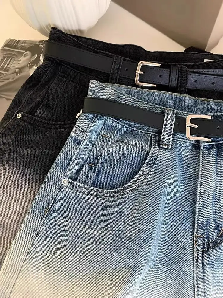 Mode Gradiënt Vijfpunts Jeans Dames 2024 Zomer Nieuwe Joker Hoge Taille Losse Korte Broek Met Wijde Pijpen