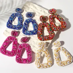 AENSOA Colorful Beaded Rhinestone Trapezoid Drop Earrings for Women Handmade Geometric Dangle Earrings Bohemian Party Jewelry