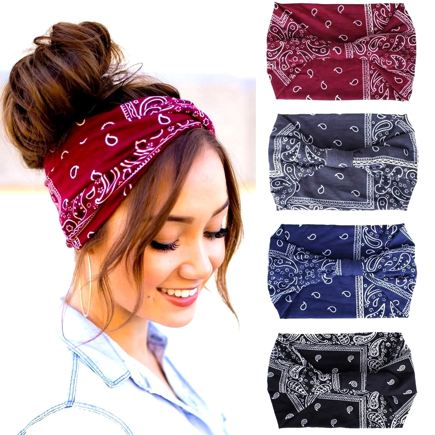 

3 Pack Wide Headbands for Women Paisley Twist Hair Bands Stretchy Cross Head Turban Bandana Valentine's Day Non Slip Exercise Hair Wraps Accessories