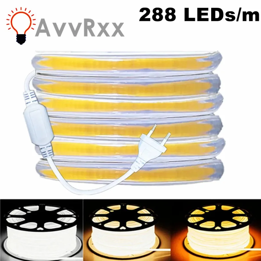 220V COB LED Strip Light EU Power Plug 3000K 4500K 6000K IP67 Buckle fixation LED Ribbon Tape Flexible COB Linear Light Bar