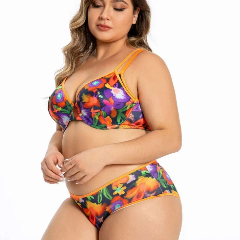 

Женский комплект с бюстгальтером больших размеров с цифровым красочным цветочным принтом и ультратонкой чашкой