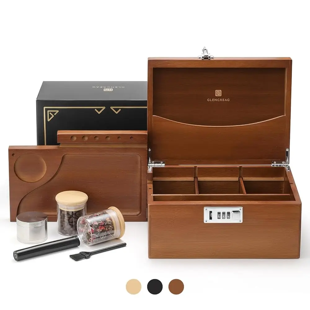 

Free ShippingStash Box with Rolling Tray, Smell Proof Large Bamboo Storage Box with Lock, Decorative Set Includes Glass Jars & G