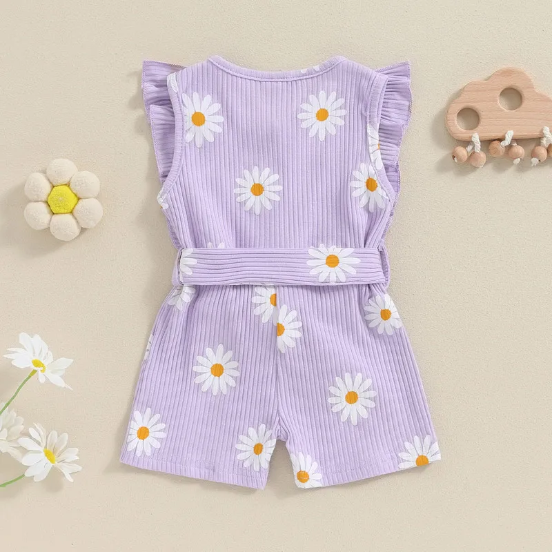 Baby Girls Rompers Daisy Print Round Neck Buttons Ruffles Sleeve Bodysuits Summer Clothes with Belt