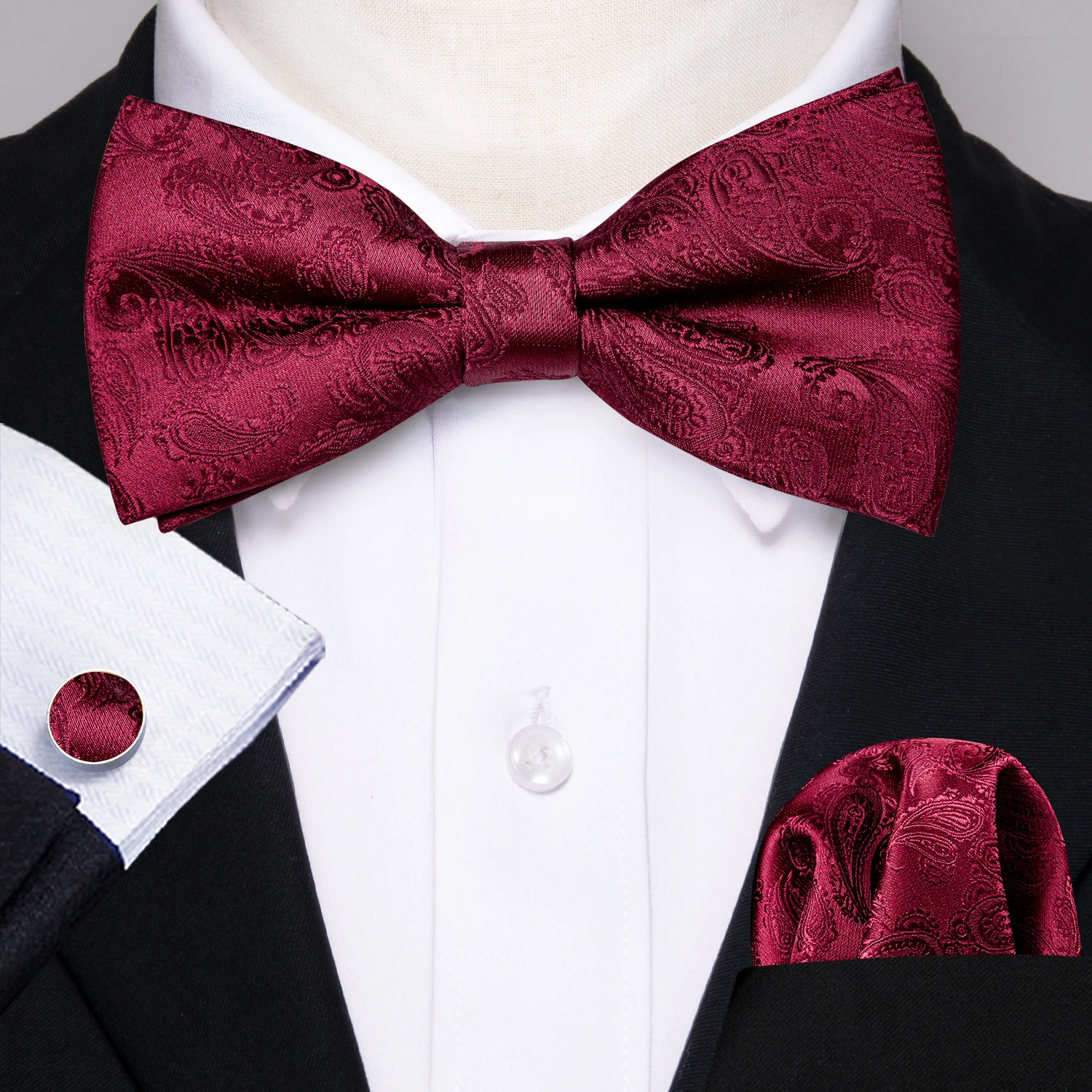 

Burgundy Red Pre-Bowtie And Pocket Square Silk Woven Cufflinks Set Exquisite Butterfly Groom Wedding Party Designer Barry.Wang