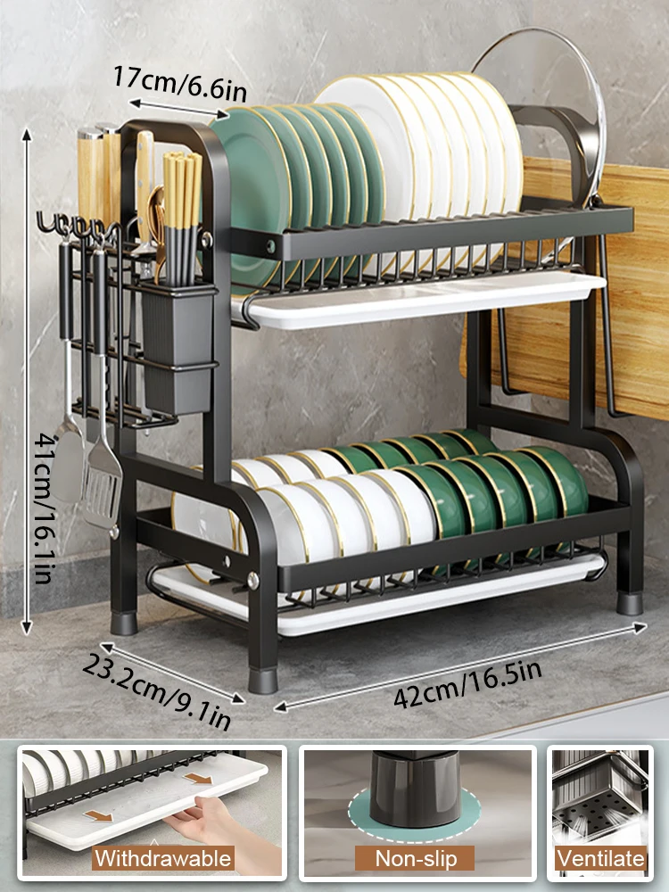 

2-уровневая сушилка для посуды, набор дренажных досок, посуда, сушилка для кухонной столешницы, стойка для хранения, держатель для чашки, держатель для ножа и вилки
