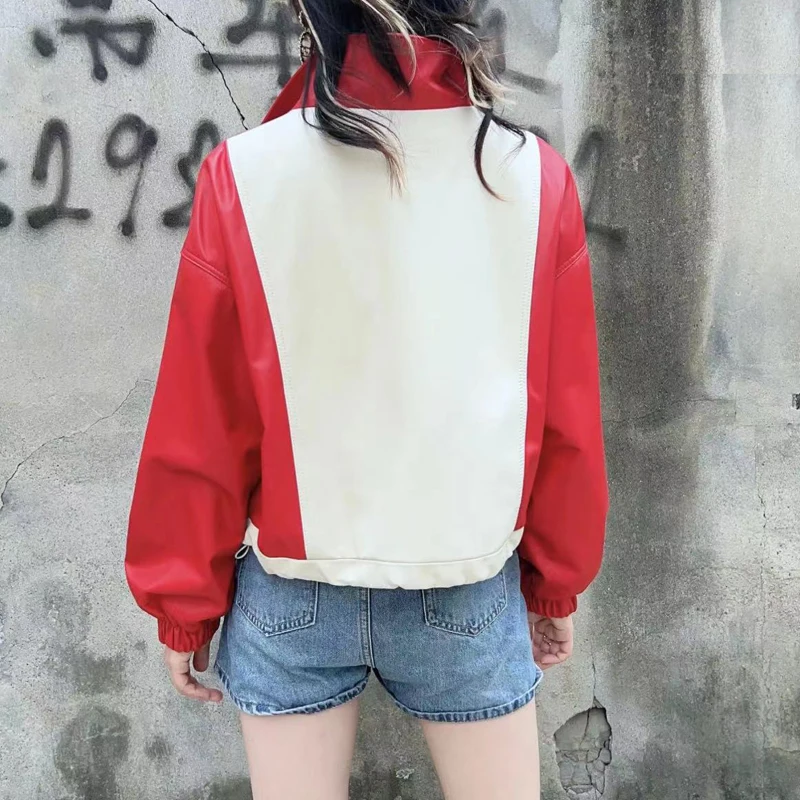 Red and White Double Color Baseball Jacket for Women Autumn New Edition Alive Genuine Leather Sheepskin Short Coat Outerwears