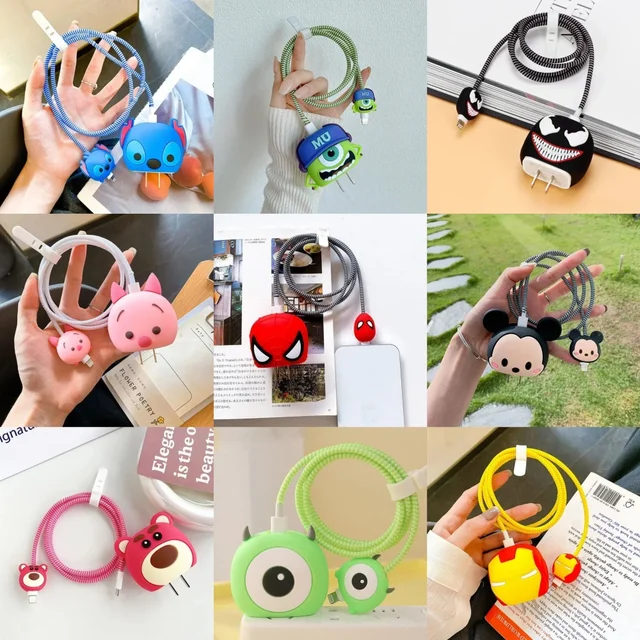 4 szt./zestaw Urocze 3D Ochraniacze na Kabel z Motywami z Bajek do iPhone / iPad, Osłonki na Ładowarkę 18W/20W, Organizery na Przewody do Telefonu iPhone 14 15
