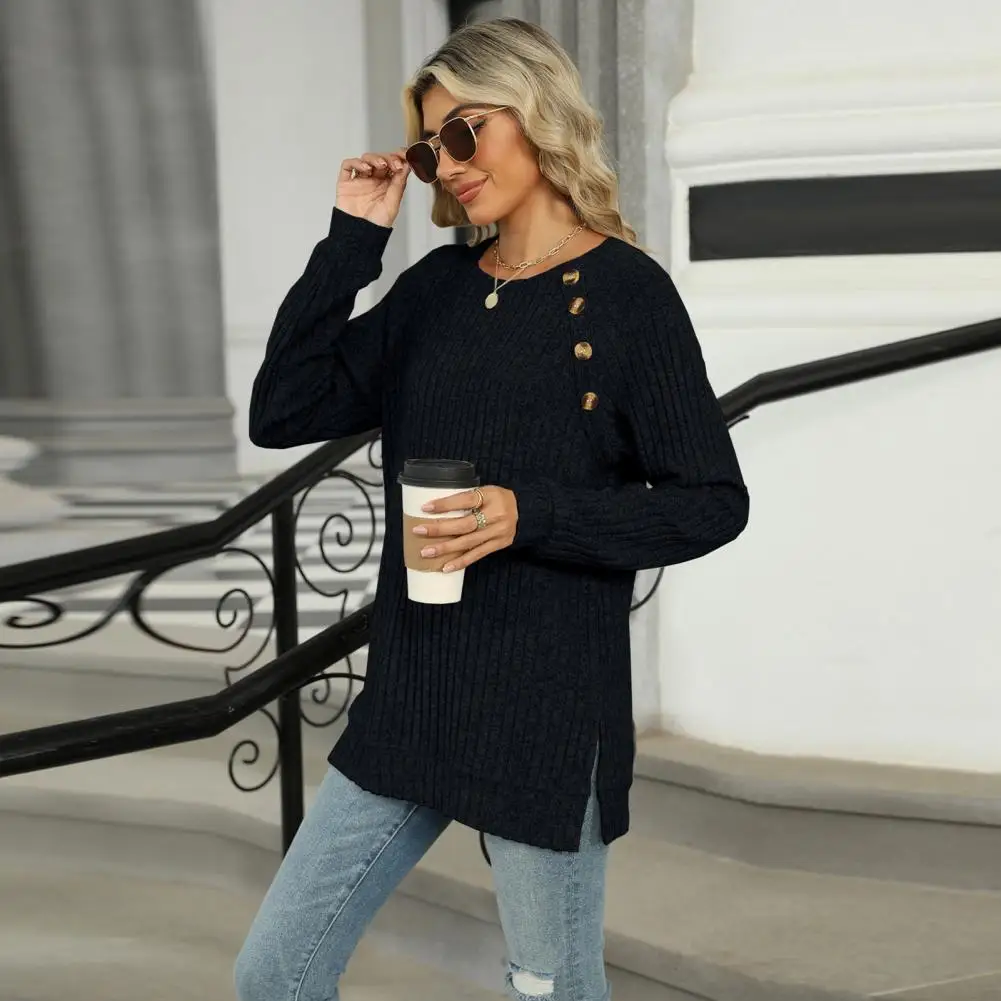 Casual Slim Fit Tee Stylish Women's Long Sleeve Tee with Button Detail Side Slits Casual Round Neck Ribbed Top for Everyday Wear