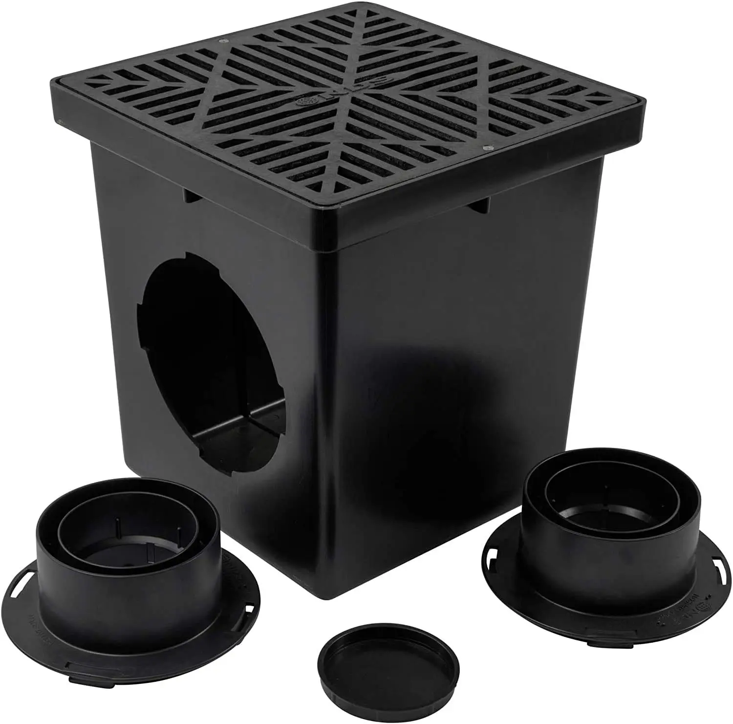 Square Catch Basin Drain Kit with 2-Opening Catch Basin Drain,2 Adapters,1 Outlet Plug,1 Plastic Drain Grate,12-Inch,for Lawns