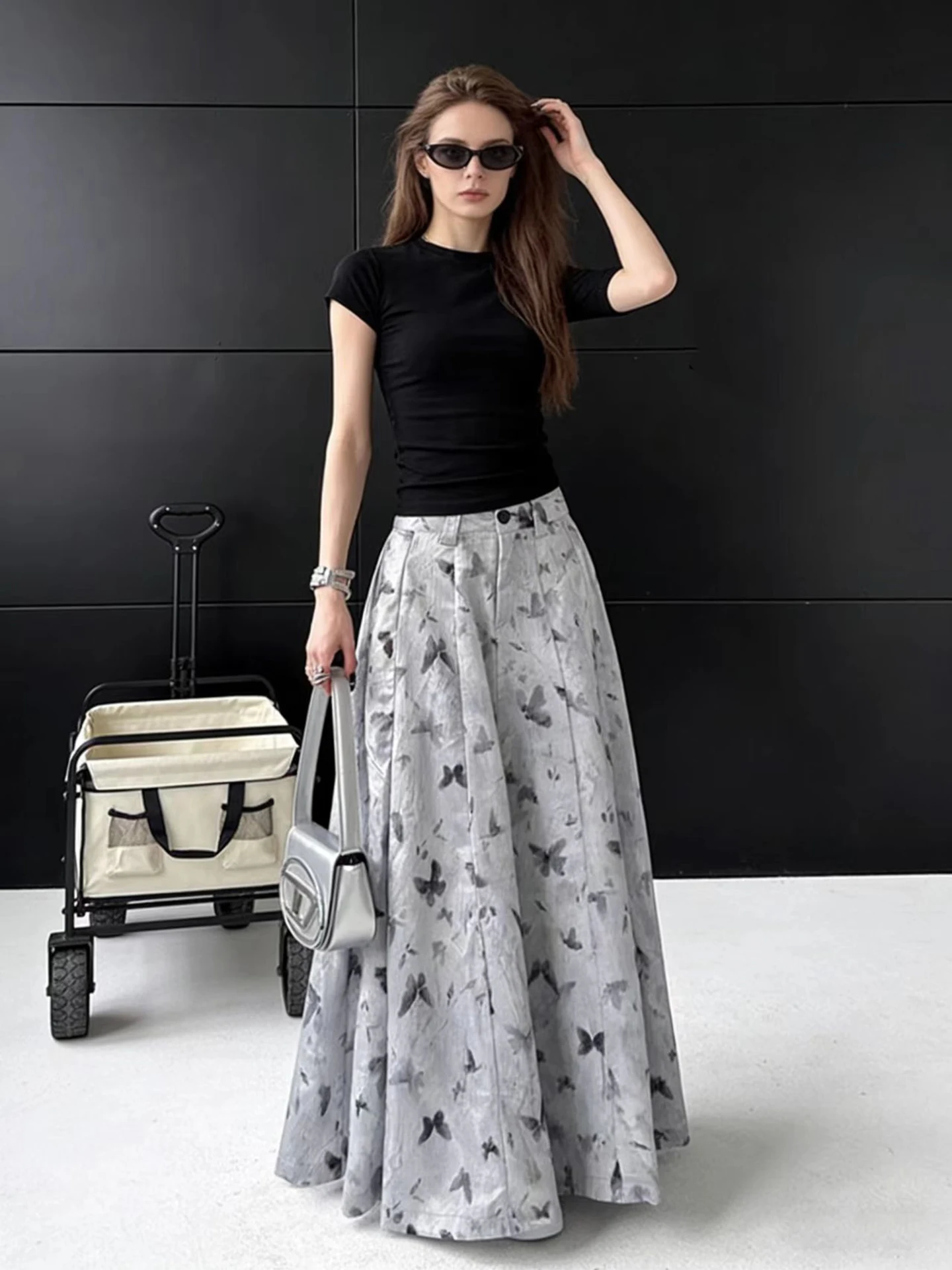 

New Chinese Sle Print High Waist Slim Long Skirt HUAAPPUW Breathable Polyester Fiber A-Line Skirt for Women