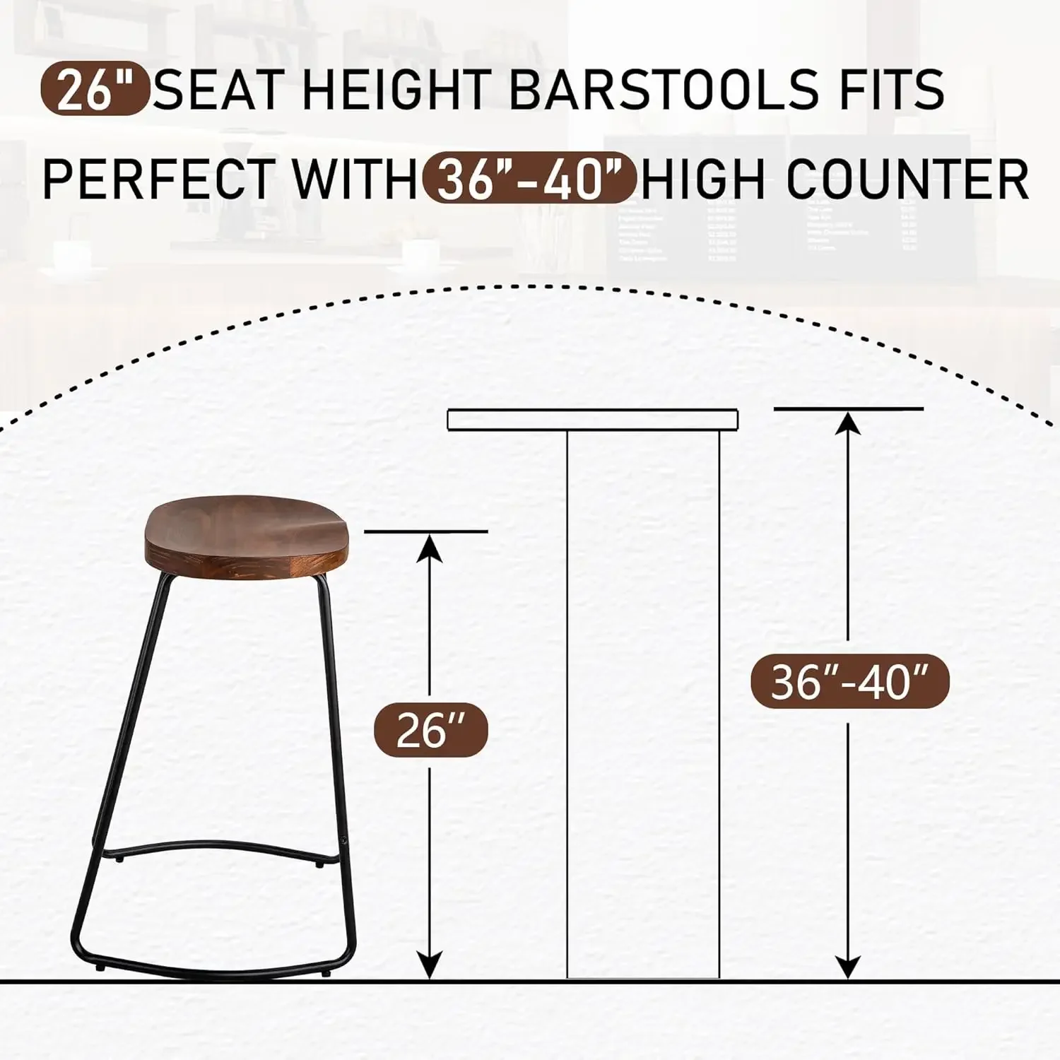 Rustic Saddle Seat Bar Stools Set of 3, 26 Inch Solid Wood Counter Height Barstool Chair for Kitchen Island