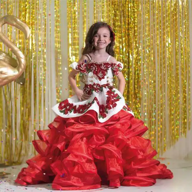 Mini vestidos de quinceañera rojos, vestido de baile con tirantes finos, apliques de niña de flores para bodas, vestidos de desfile mexicano para bebé