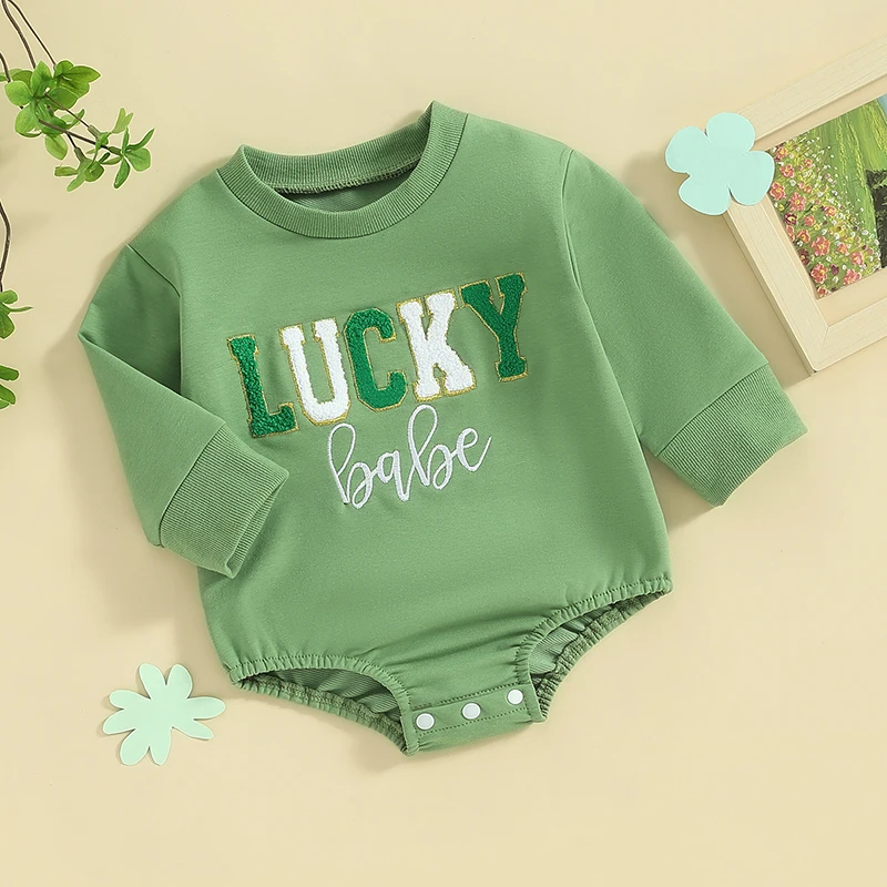 Newborn Baby St Patrick s Day Bubble Romper Clover Embroidery Long Sleeve Oversized Bodysuit Jumpsuit Outfit