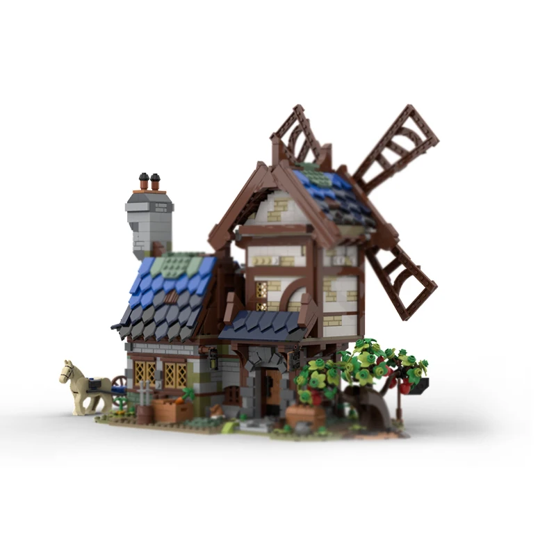 Mittelalterliche Burg Modell MOC Bausteine Kleine Stadt Windmühle Haus Modulare Technologie Geschenke Urlaub Montieren Kinder Spielzeug Anzug