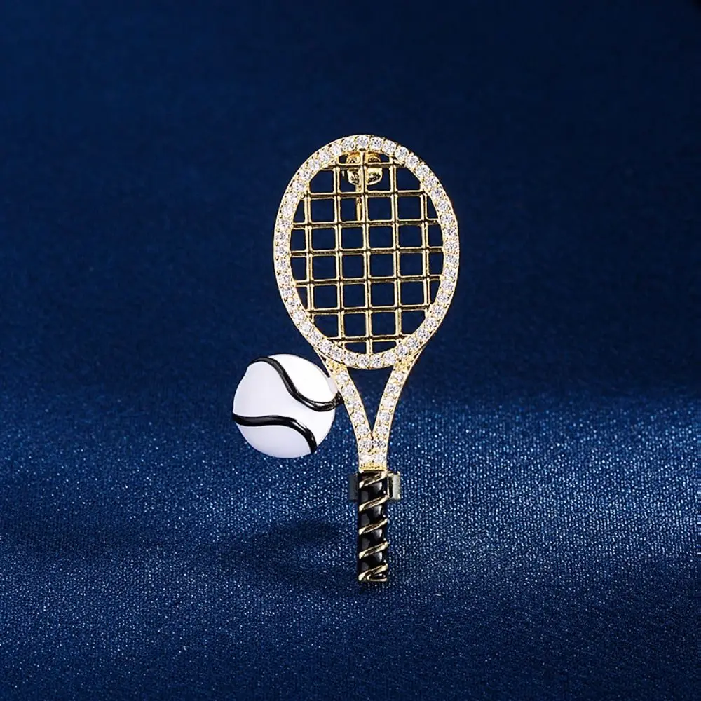 Personality Alloy Tennis Racket Brooch Zircon Rhinestone Enamel Metal Clothes Pin Korean Style Vintage Gold Brooch Daily