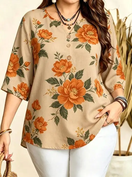 Women Vintage Floral Print Blouse Notched Neck 3/4 Sleeve Loose Fit For Curvy Figures Daily Casual Ladies Pullover Tops