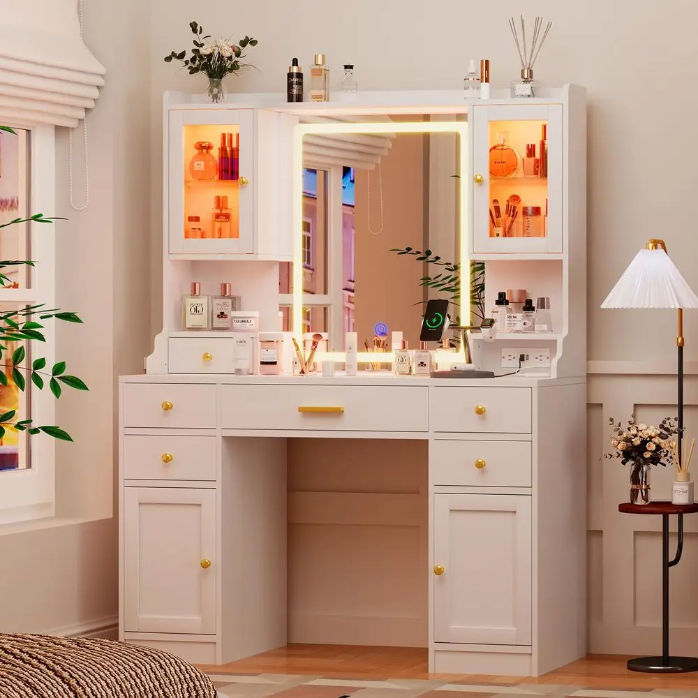 White Makeup Vanity Desk with LED Mirror amp RGB Cabinets Vanity Table with Charging Station and 6 Storage Drawers, Adjustable