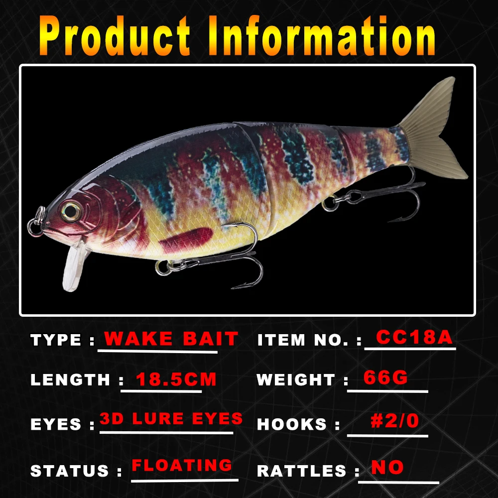 AYWFISH Jointed Swimbait, Shallow Diver, Topwater Slider Shad Fishing Lure Soft Tail Plastic Wobbler, Wake Bait, 185mm 66g