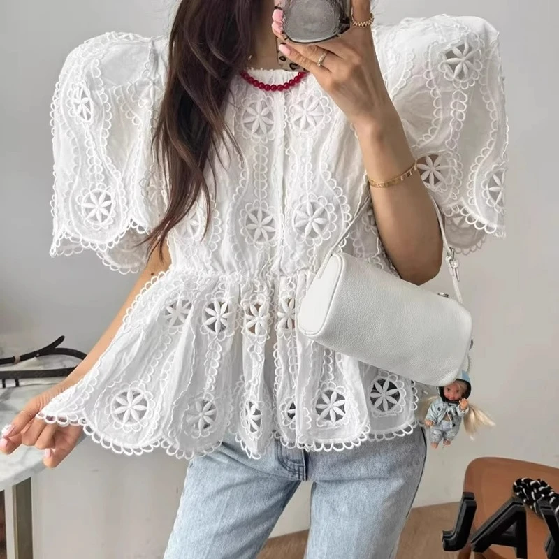 

Retro Hollow Hook Flower Shirt Women's Summer New Style Ruffle Short Sleeved Top