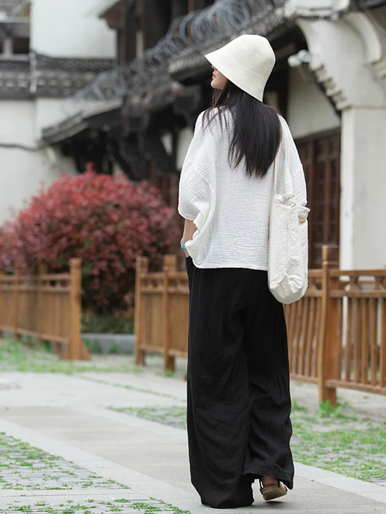 2026 Autumnal Double Layered Bamboo Textured Loose Batwing Cotton Linen Set Women's Minimalist Zen Style Top Casual Wear