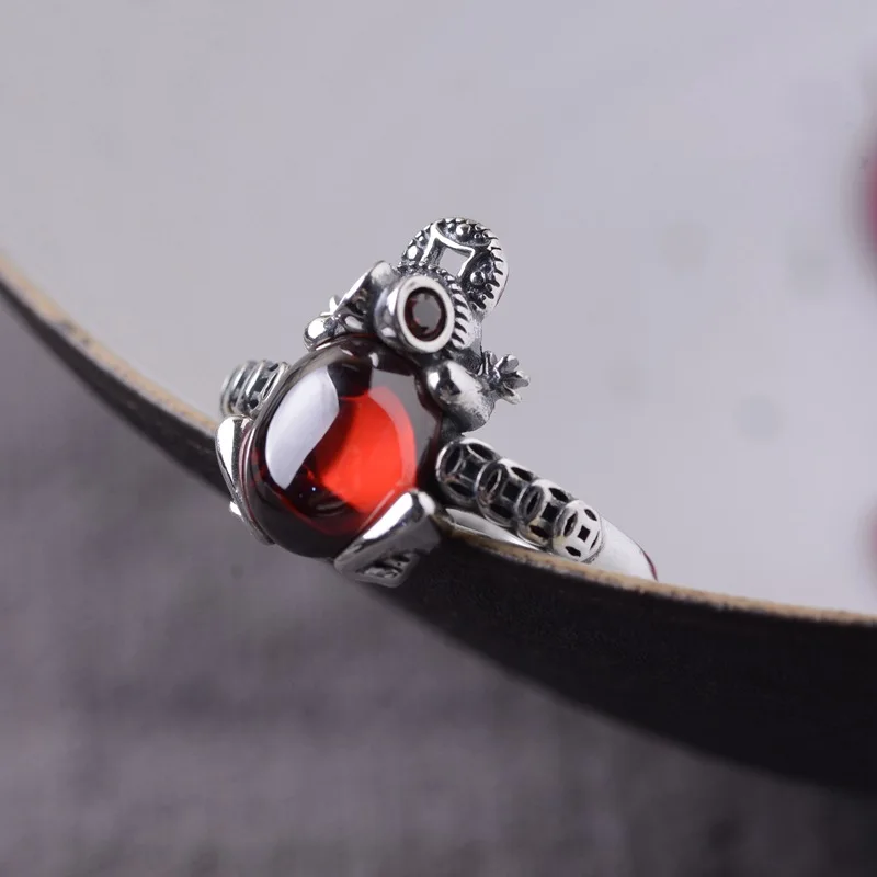 

China Antique Coins 925 Sterling Silver Toad Rings for Women Thai Silver Rich Animal Frog Jewelry Chalcedony Zircon Agate Ring