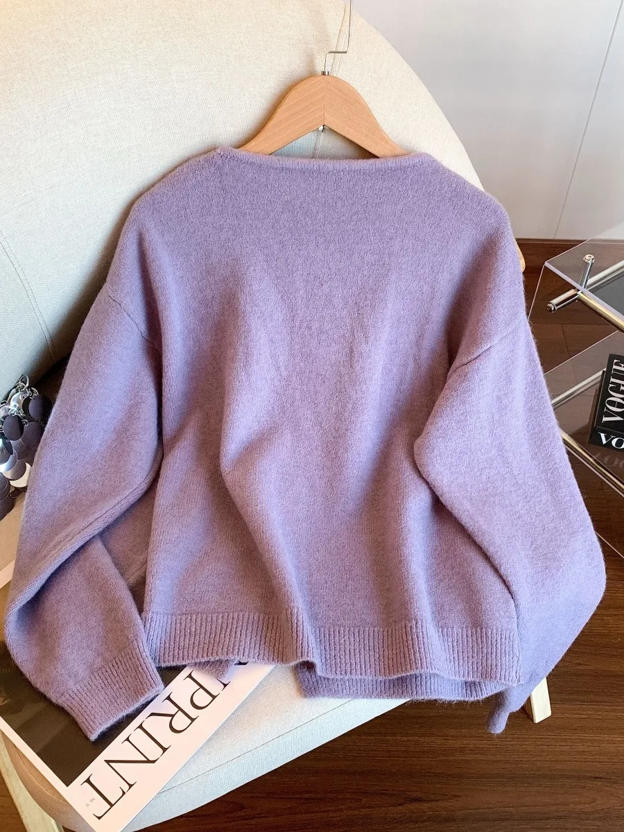 Unique Beautiful Purple  Knot Lace Sweater Coat Women's Autumn Winter Thiened Knitted Soft Outerwear Top