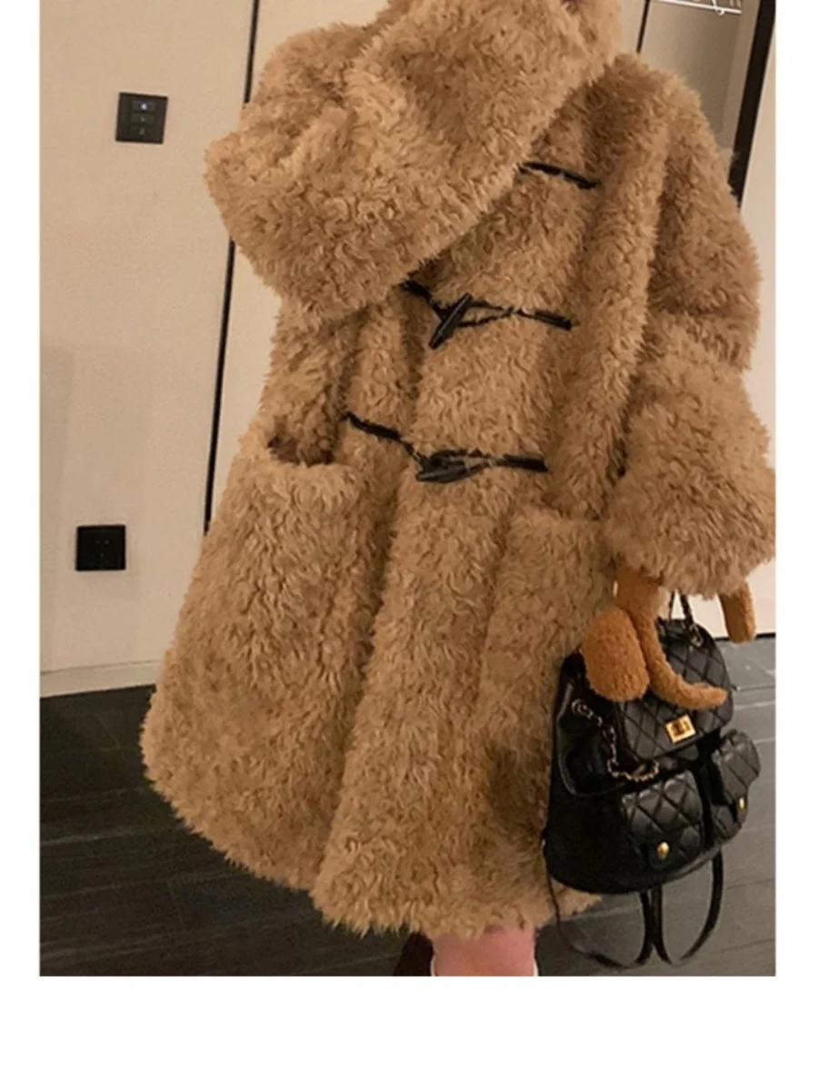 معطف نسائي متوسط الطول من الفرو الصناعي، معطف دافئ بأزرار على شكل قرون الدب، معطف طويل بأكمام طويلة وياقة مربعة