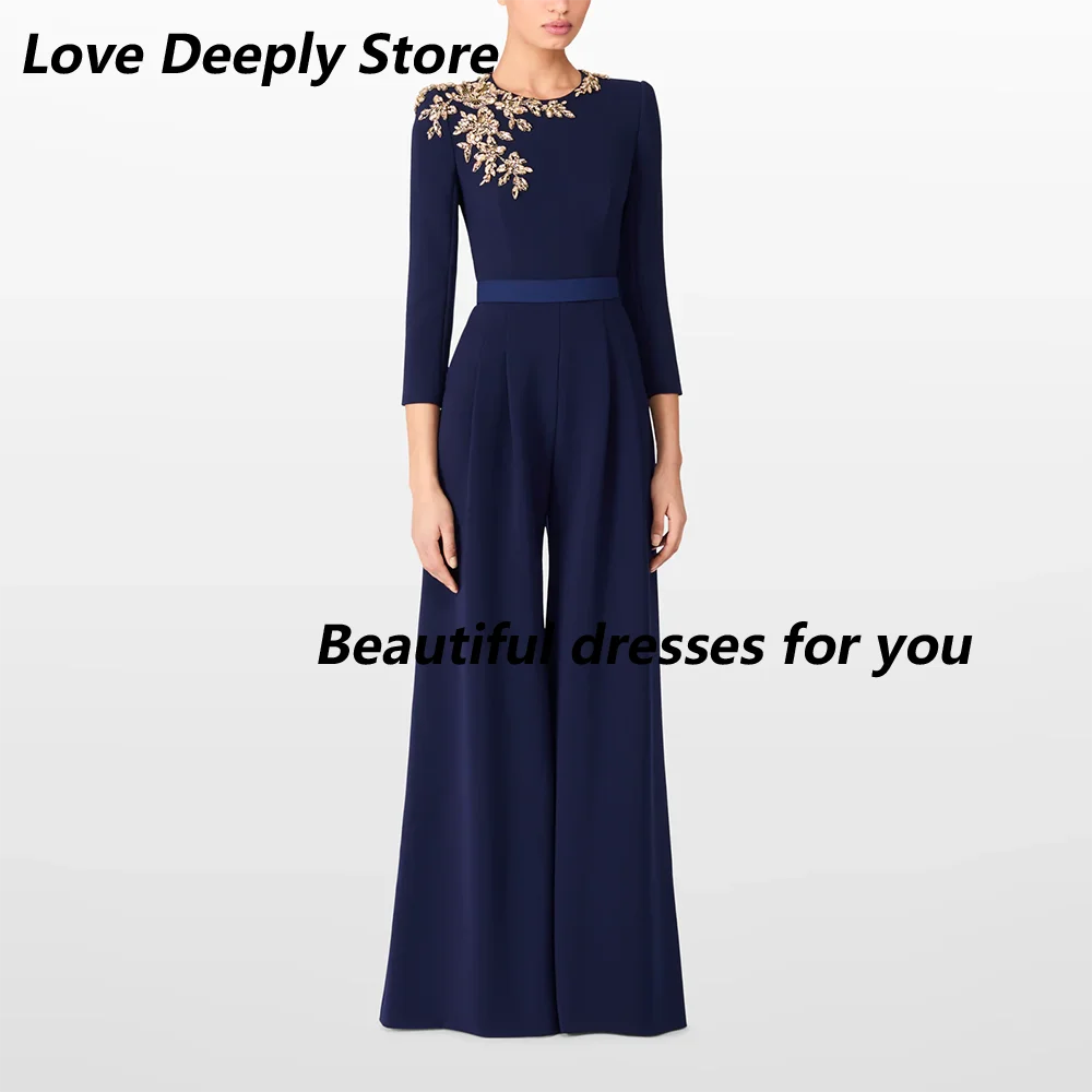 

2025 Women's Jumpsuit Evening Dresses Navy Crystal O-Neck Elegant Evening Gowns 3/4 Sleeves Formal Party Dress Customized