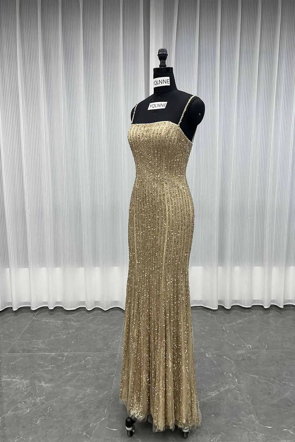 YQLNNE 051 vestidos de noche con cristales dorados champán y chal vestido Formal con cuentas de encaje