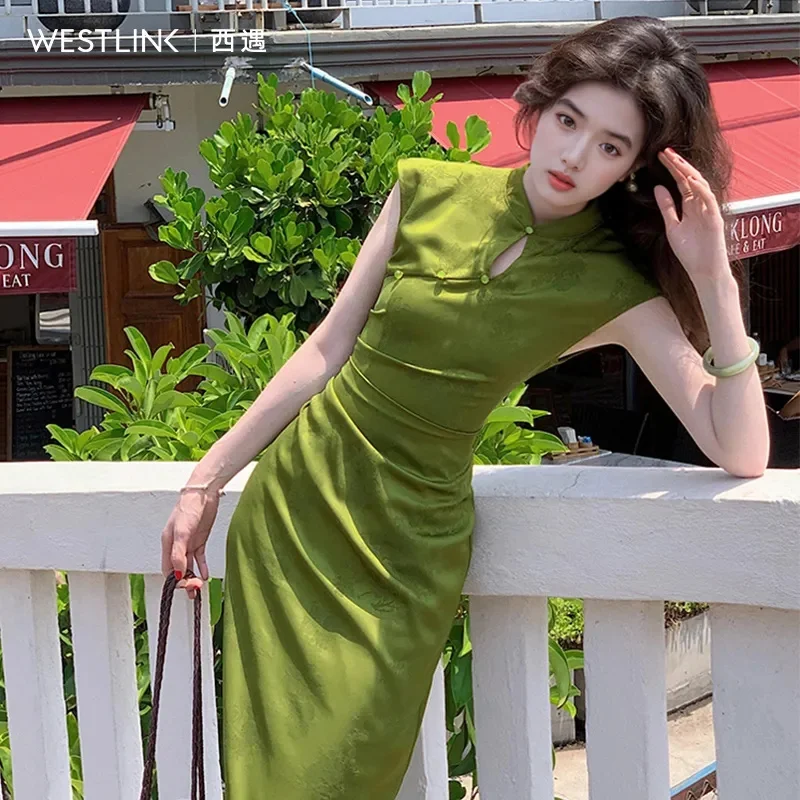 

Xiyu, новое женское платье Cheongsam в китайском стиле, лето 2023, новое жаккардовое облегающее платье без рукавов с воротником-капелькой