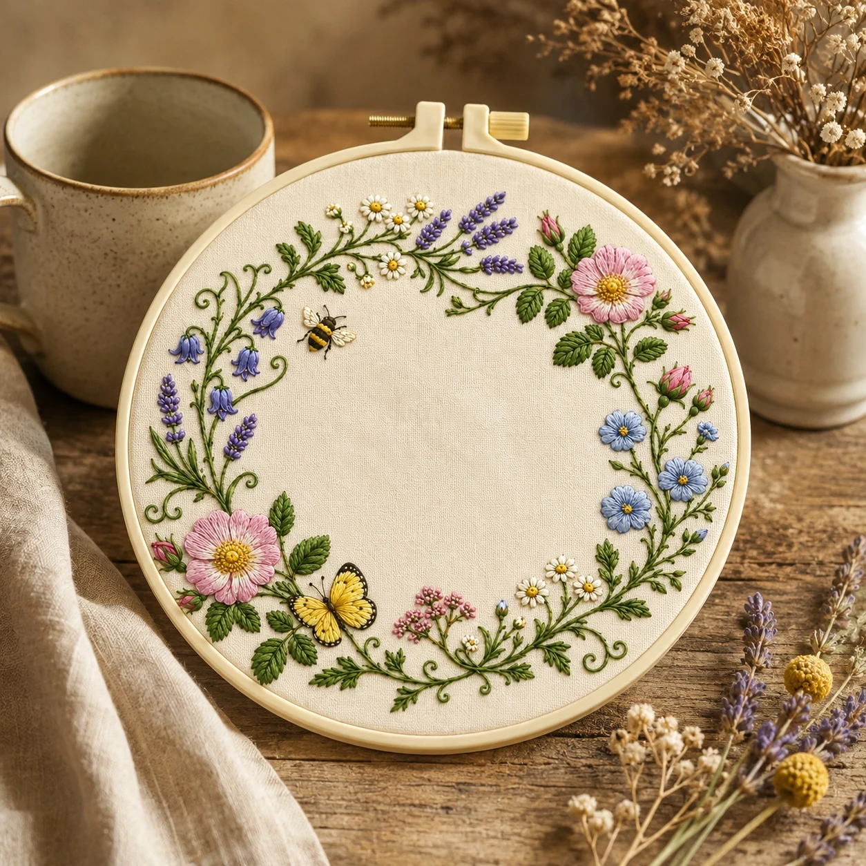 All-in-One Full Embroidery Kit, Butterflies and Wreaths Design Embroidery DIY Craft Set for Adults Home Wall Decor