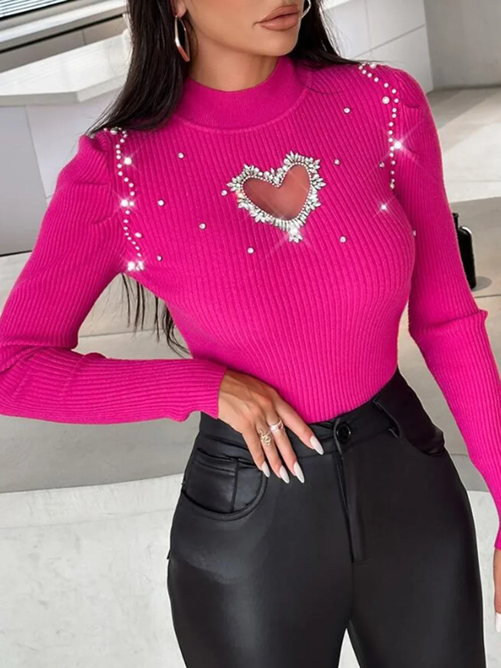 Women Casual Solid Color Rhinestone Decor Hollow Out Design Knit Pullover Sweater