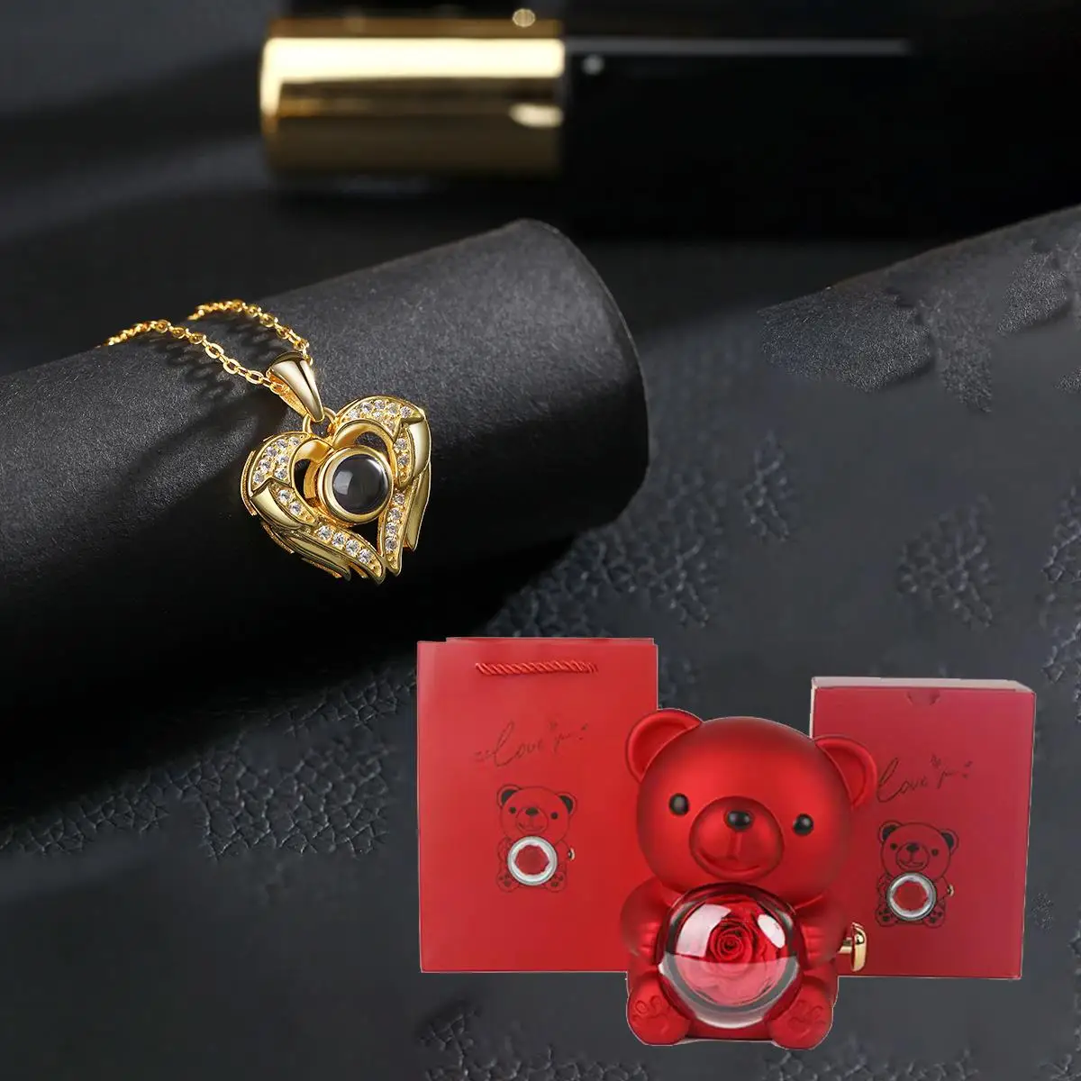 

Loving Heart 100 Languages Projection Pendant Necklaces With Cute Bear Rose Flower Gift Box Festival Christmas Party Gifts
