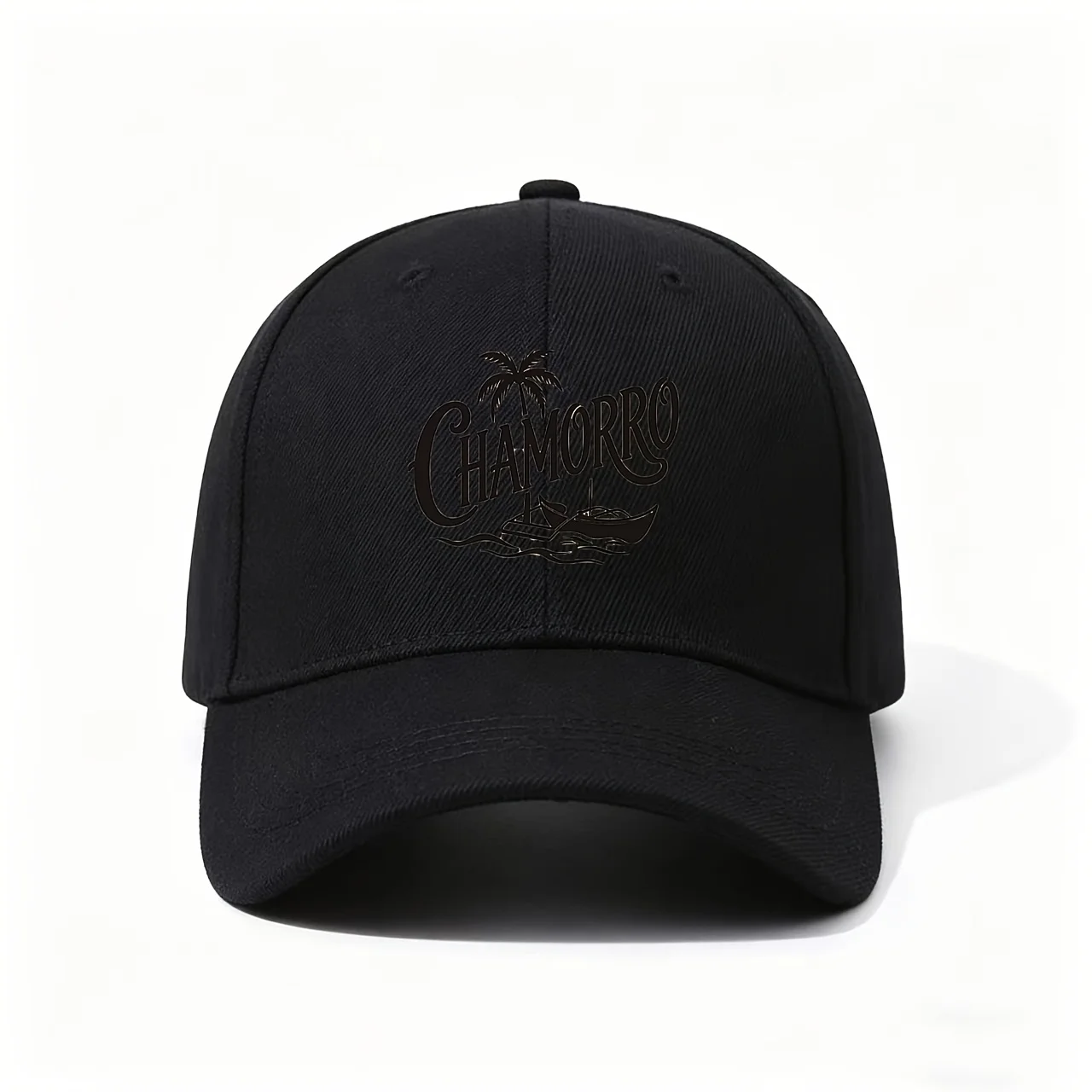 Baseball Cap, Displaying Chamorro Lettering with Palm Tree And Boat Motifs, Made from Durable Fabric with Pre-Curved Brim, Celeb