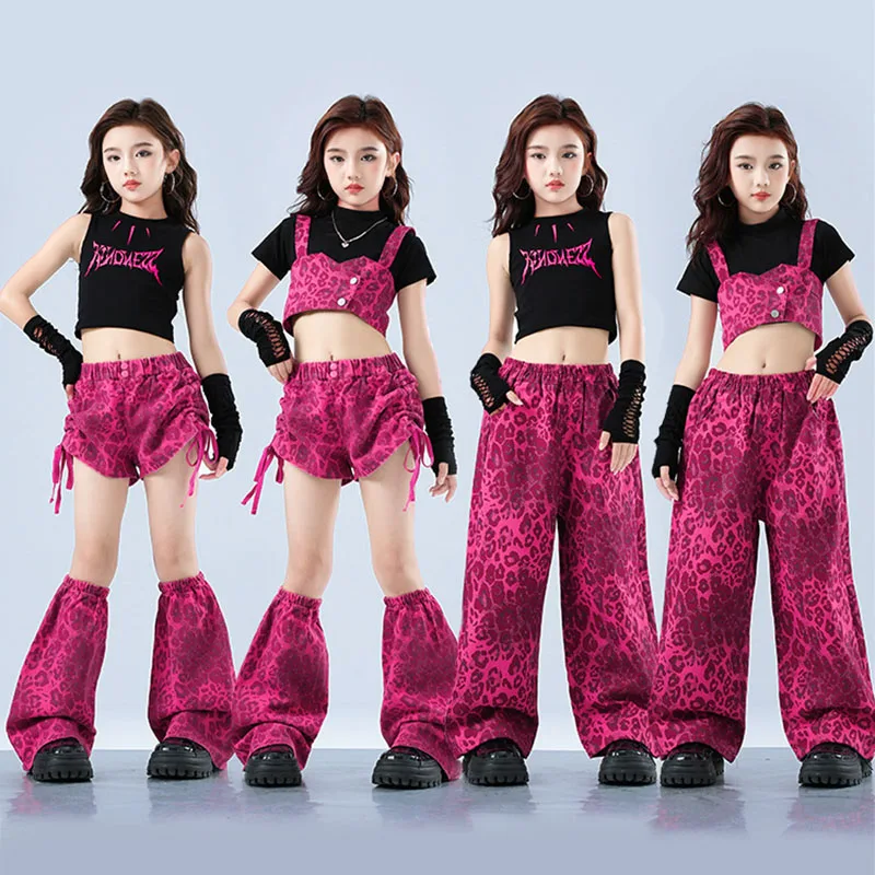 

Kid Kpop Hip Hop Clothing Pink Leopard Crop Vest Top Lace up Shorts Leg Warmers Wide Pants for Girls Jazz Dance Costumes Clothes